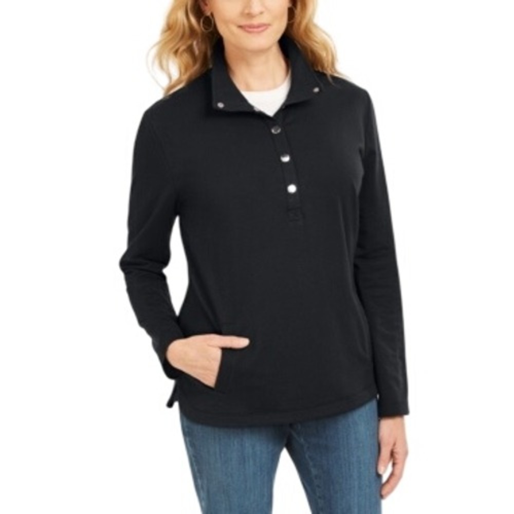 416.Karen Scott Women Sport Mock-Neck Vented-Hem Top Black Size Medium Athletic